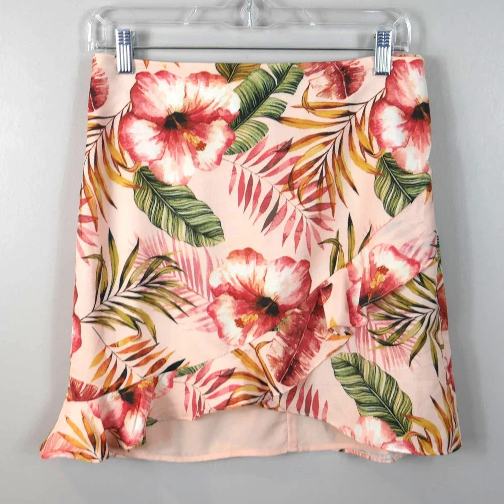 Lulus Mancini Blush Pink Tropical Print Ruffled Mini Skirt Medium